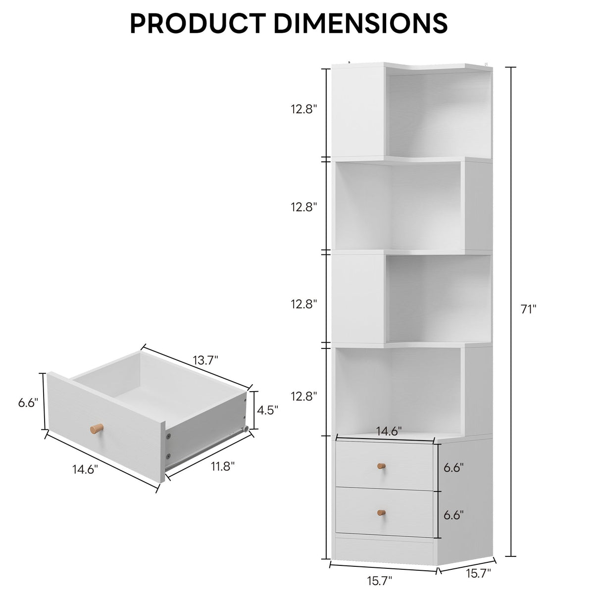 IRONCK Corner Bookshelf, 70.87" Tall Corner Bookcase with Drawers, Corner Shelf Storage Display Rack for Living Room Home Office, White IRONCK