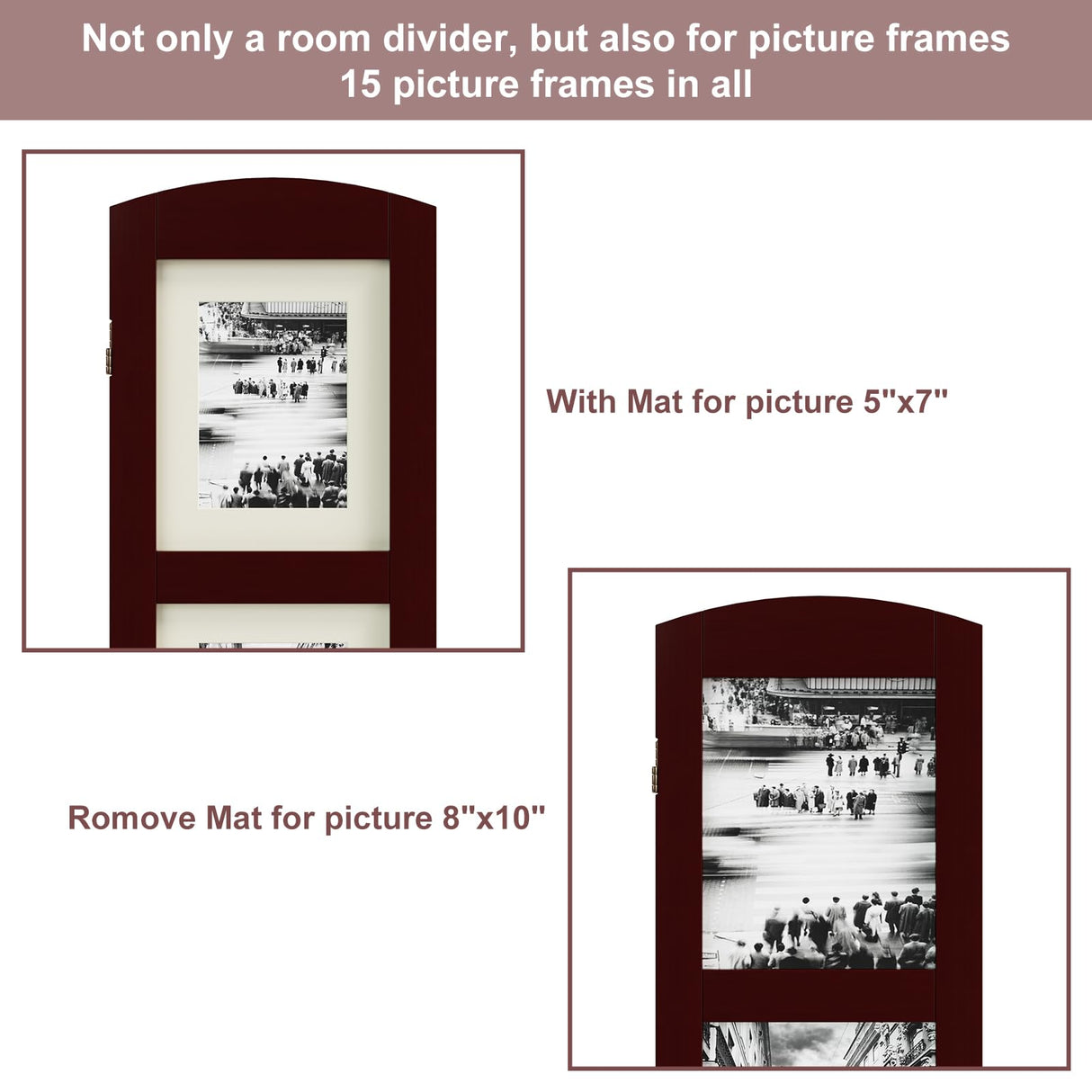 SZQINJI 3 Panel Photo Room Divider Screen, Solid Wood Divider for Room Separation for 8x10 Picture Frame Without Mat for 5x7 Photo with Mat, Walnut SZQINJI