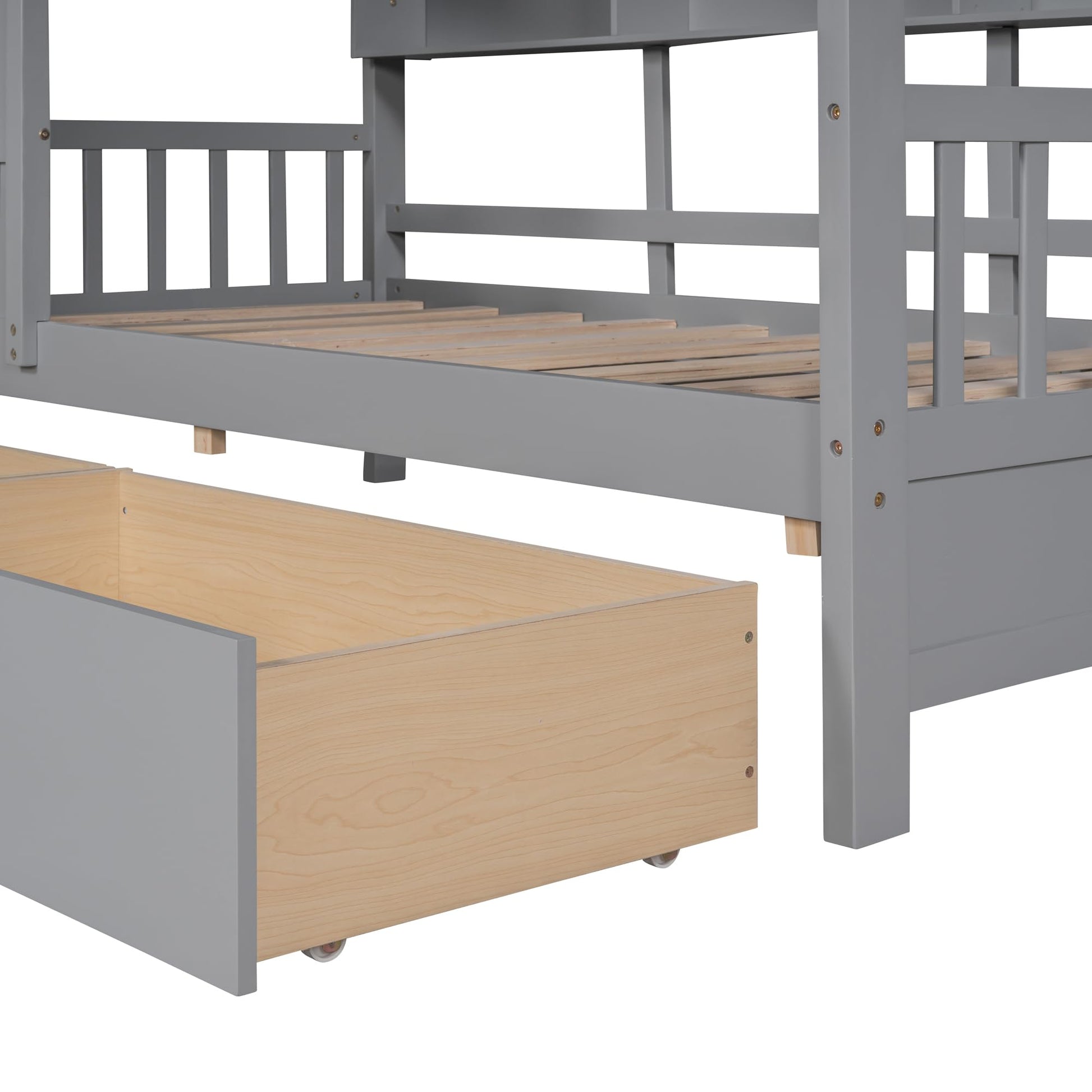 Bellemave Twin Size Kids House Bed Frame with Storage Drawers and Shelves - Gray - WoodArtSupply