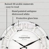Presentime & Co 13" Farmhouse Series Wall Clock, Quartz Movement, Shiplap Style, Raised 3D Arabic Numeral, Antique Distressed White Presentime