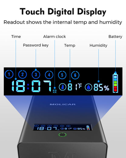 MOLICAR Gun Safe for Handgun, Alarm Clock Biometric Pistol Safe Fingerprint Handgun Safe with Touchscreen Keypad LCD of Temp, Humidity, 3 Ways Quick Access Slide Away Bedside Gun Safe for Nightstand