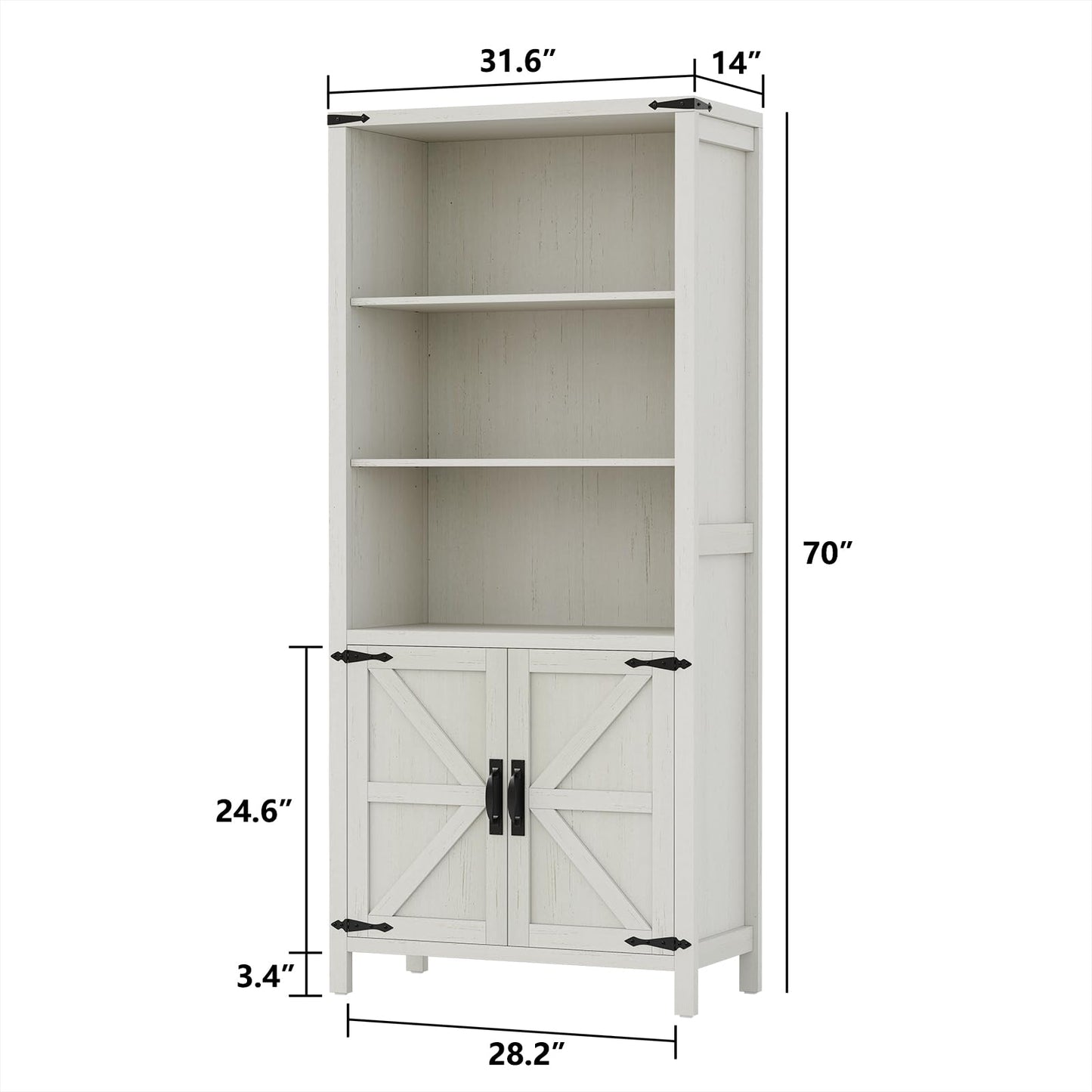 Furnihold 5-Shelf Farmhouse Bookcase with Doors - Adjustable Wood Storage Cabinet in White - WoodArtSupply