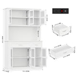 FINETONES 71" Pantry Cabinet with LED Light and Charging Station, Storage Cabinet with Microwave Stand, Kitchen Pantry Hutch Cupboard with Glass Doors and Shelves, White FINETONES