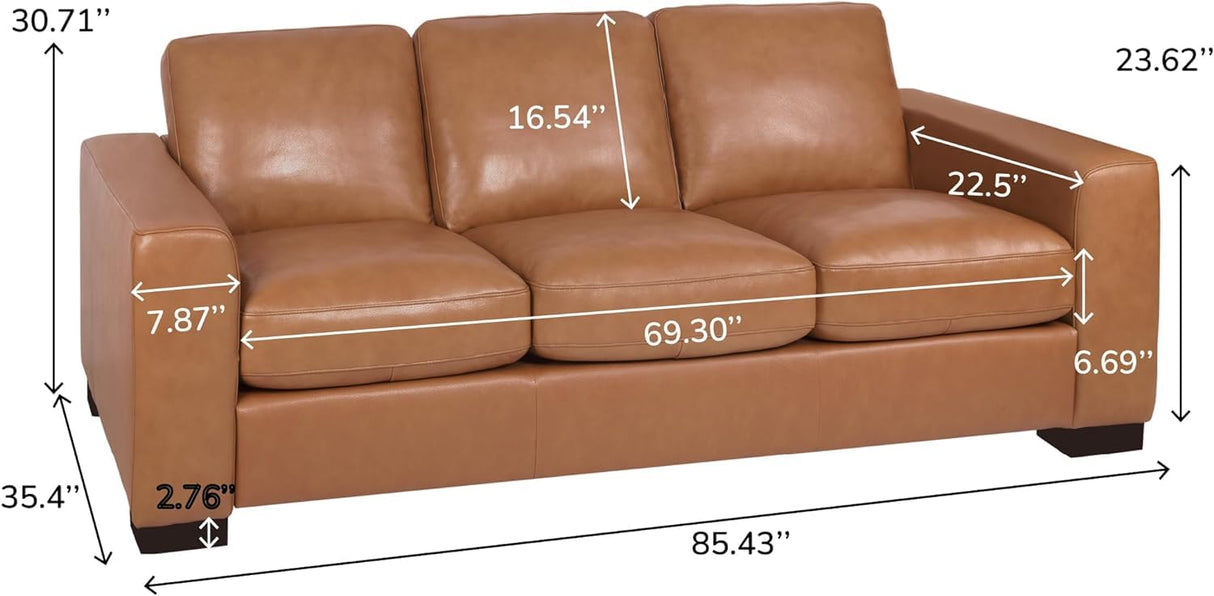 Naomi Home Freya Genuine Leather Sofa for Living Room, Bedroom - Loveseat, Sofa - Luxurious Comfort, Goose Feather Cushion Filling, Square Arm Design, Sturdy Block Legs, Elegant, Tan Naomi Home