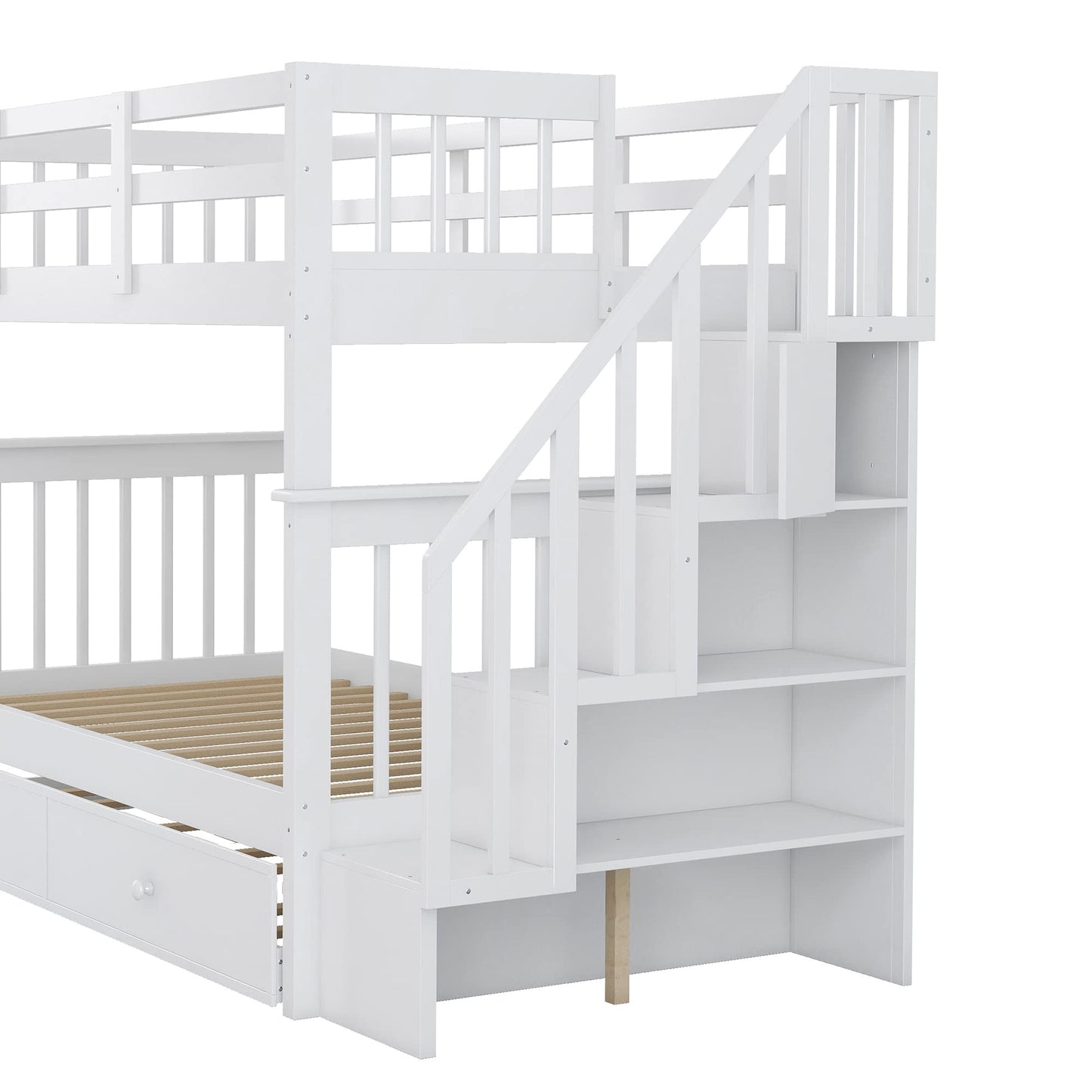 Harper & Bright Designs Twin Bunk Bed with Trundle Bed and Storage Shelf, Twin Over Twin Bunk Bed with Stairs and Guard Rail, Wood Bunk Bed Frame for Kids, Teens, Adults (Twin, White)