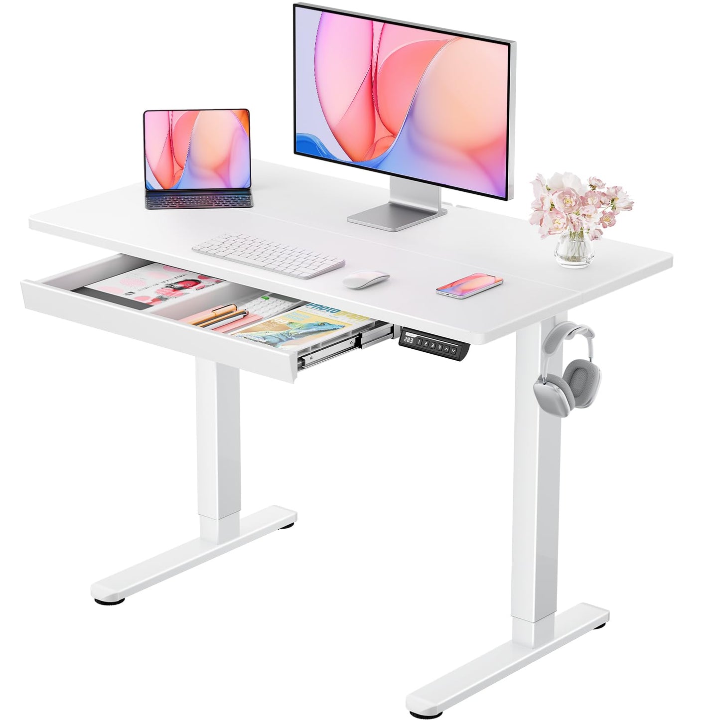 ErGear Standing Desk with Drawer, 44 x 24 inch Electric Height Adjustable Desk with 4 Preset Heights & 2 Storage Hooks, Sit Stand Desk Computer Desk with Drawer for Home & Office, White EGESD - WoodArtSupply