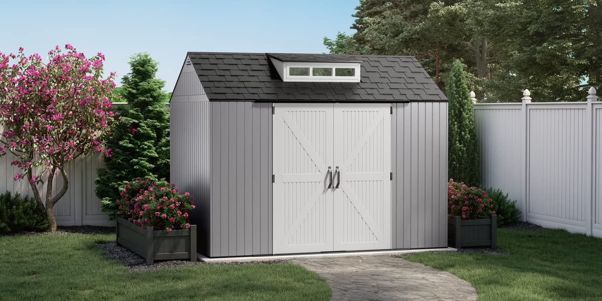 Rubbermaid Extra Large Resin Outdoor Storage Shed With Floor (7 x 10 Ft.), Weather Resistant, Brown, Organization for Home/Lawn Mower/Backyard Equipment/Bike Storage/Pool Supplies Rubbermaid