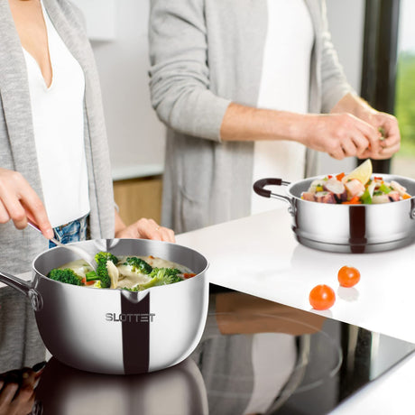 SLOTTET Tri-Ply Full Body Stainless Steel Sauce Pan with Steamer,1.5 Quart Small Multipurpose Pasta Pot with Strainer Glass Lid, Saucepan with Pour Spout for Cooking Stay-cool Handle. SLOTTET
