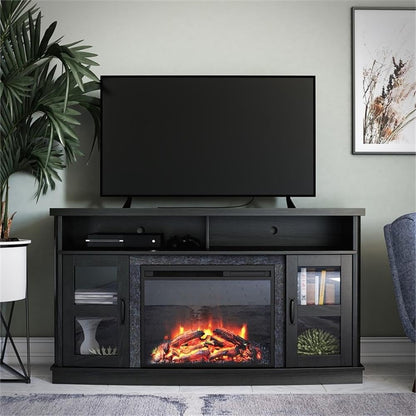 Ameriwood Home Barrow Creek Fireplace TV Stand for TVs up to 60 Inch, Replaceable Electric Fireplace Insert Heater, Remote Control, Timer, Realistic Log and Flame Effect, Black Oak