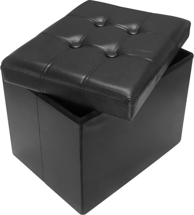 AmasSmile Storage Ottoman Folding Foot Rest Stool, Leather Footstool Bench, Short Ottoman Stool, Storage Foot Rest Store, Books (Black, 13" D x 17" W x 13" H)