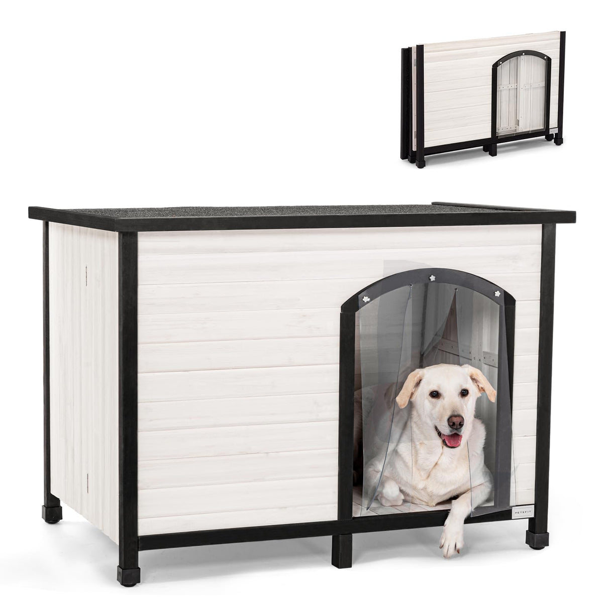 Petsfit 45.3" Large Dog House, Folding Dog House Outdoor, Unfold to Use, No Tools Required Assembly, Weatherproof Outside Dog House with Door Flap (Large, White) Petsfit