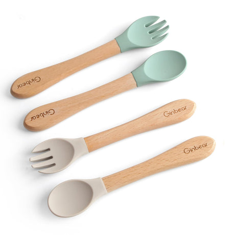 Ginbear Silicone Baby Spoon and Fork Set Self-feeding, Baby Flatware Sets, Toddler Feeding Utensils for Child 6 Months+ (Hazy Green/Almond) Ginbear