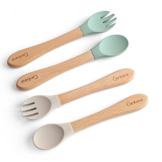 Ginbear Silicone Baby Spoon and Fork Set Self-feeding, Baby Flatware Sets, Toddler Feeding Utensils for Child 6 Months+ (Hazy Green/Almond)