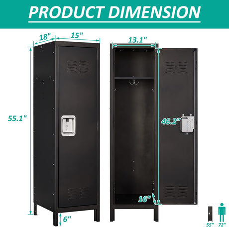 SISESOL Vintage Metal Locker,Storage Locker,Retro Black Single Locker with Hooks for Employees,Steel Locker for Home, Office,Gym,Old School Lockers Storage SISESOL