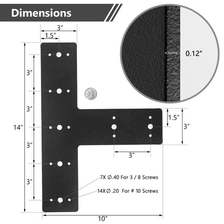 Sihnman 14" x 8.5" T Shape Steel Flat Bracket (1 pc) with Powder Coating as Mending Plate, Joining Brackets, Connecting Brackets, T Strap. Metal Plate with Holes, T Flat, T Plate for Truss framing. Sihnman