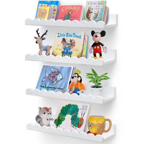 Green Goods Supply Scalloped Shelves - Set of 4 Pre-Assembled 15.6inch White Floating Nursery Book Shelves, Scalloped Book Shelf - Kids Wall Decor, Nursery Decor, Floating Shelves for Wall Green Goods Supply