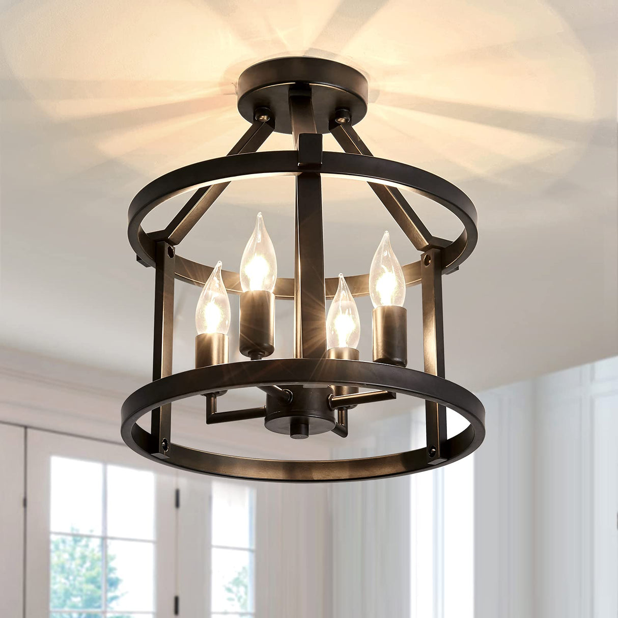 UOFUS Metal Semi Flush Mount Ceiling Light Fixture 4 Candle Holder Matte Chandelier Farmhouse Ceiling Lamp for Dining Room Bedroom Kitchen Hallway Entryway（Black） UOFUS