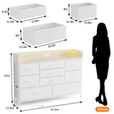 Fixwal White LED Dresser for Bedroom, Dresser with 9 Drawers and Charging Station, Fabric Chest of Drawers with PU Finish, Entryway, Living Room, Hallway Fixwal