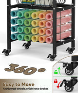 Queension Craft Cart with Wheels Compatible with Cricut Machines, Craft Organization and Storage Stand with Craft Table for Cricut Accessories, Rolling Storage Cart with 24 Vinyl Roll Hollers，Black Queension