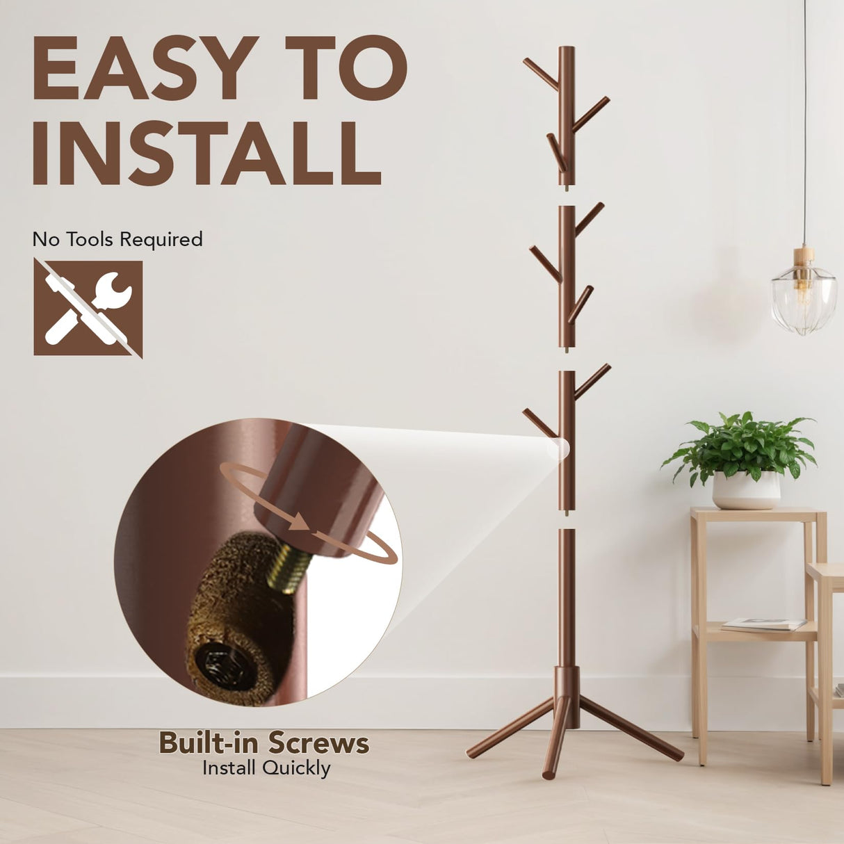 Hupmad Wooden Tree Coat Rack Stand,Sturdy Freestanding Coat Rack with 8 Hooks,3 Adjustable Height for Child Adult,Wood Coat Stand Tree Fits Entryway Bedroom Office for Bags,Hats Hupmad