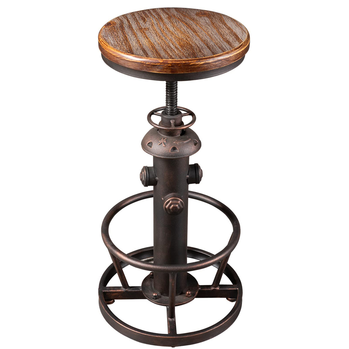 BOKKOLIK Vintage Swivel Bar Stool Industrial Coffee Kitchen Dining Chair Fire Hydrant Design Height Adjustable 24.8-30.7inch Solid Wooden Seat BOKKOLIK