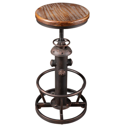 BOKKOLIK Vintage Swivel Bar Stool Industrial Coffee Kitchen Dining Chair Fire Hydrant Design Height Adjustable 24.8-30.7inch Solid Wooden Seat