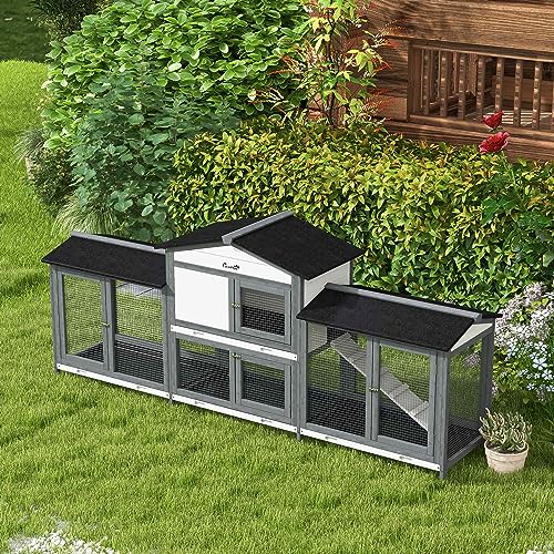 PawHut 90.5" Wooden Rabbit Hutch Bunny Cage Pet Playpen House Enclosure with Double Side Run Boxes, No Leak Tray, Ramp, for Guinea Pig and Small Animals, Light Gray PawHut