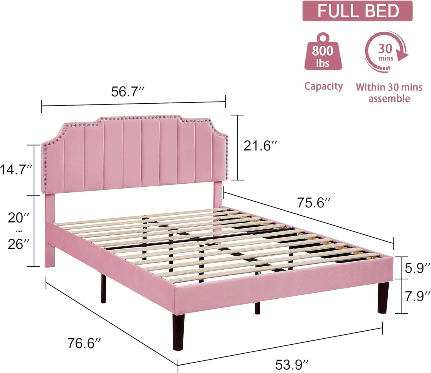 VECELO Full Size Upholstered Platform Bed Frame with Tufted Adjustable Headboard/Mattress Foundation/Wood Slat Support,Easy Assembly,Pink