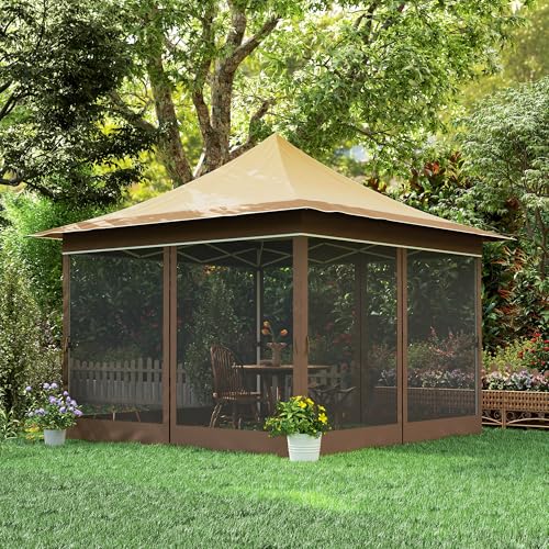 Outsunny 12 x 12 ft. Pop Up Canopy Tent with Mesh Netting, UPF50+ Instant Sun Shelter with Carry Bag, Height Adjustable Party Tent Instant Event Shelter for Garden, Patio, Beige Outsunny