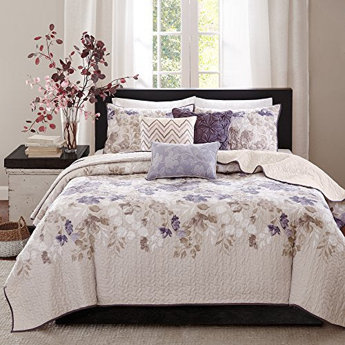 Madison Park Luna Quilt Modern Classic Design All Season, Breathable Coverlet Lightweight Bedding Set, Matching Shams, Decorative Pillow, Full/Queen(90"x90"), Floral Taupe 6 Piece Madison Park