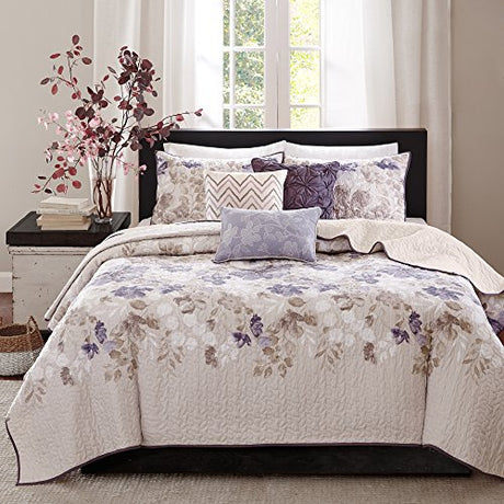 Madison Park Luna Quilt Modern Classic Design All Season, Breathable Coverlet Lightweight Bedding Set, Matching Shams, Decorative Pillow, Full/Queen(90"x90"), Floral Taupe 6 Piece Madison Park