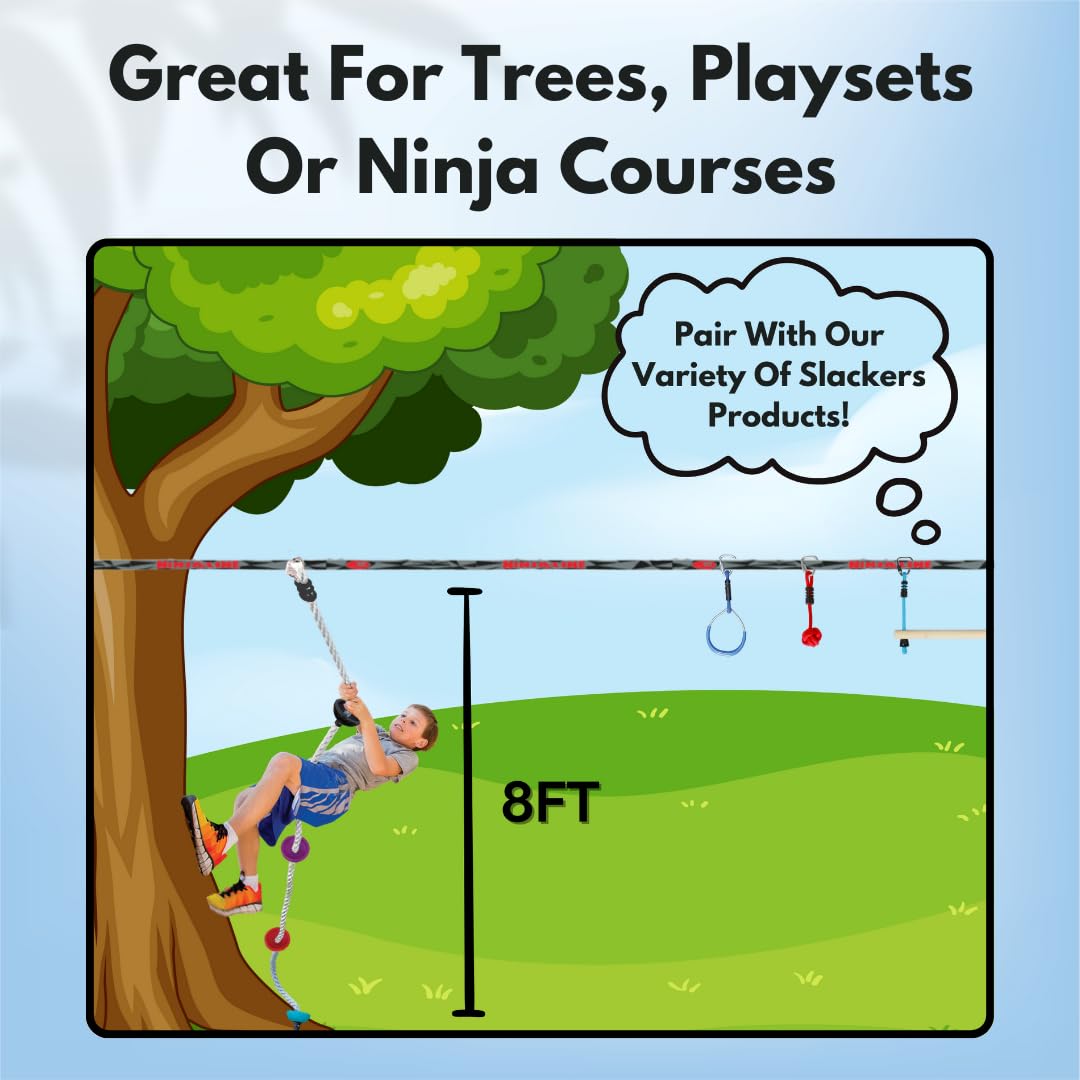 Slackers 8 ft Multi-Color Climbing Rope - Best Outdoor Ninja Warrior Training Equipment for Kids - A Great Addition to Your Backyard Ninjaline Obstacle Course Slackers