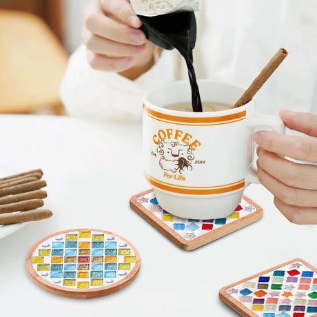 Airsnigi 10 Set DIY Mosaic Tiles for Crafts Mixed Color Mosaic Kits with Wooden Coasters Handmade Glass Coasters Crafts Set for Adult Creative Handmade Home Decoration Gift Airsnigi