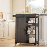 Gizoon Kitchen Island Cart with Solid Wood Top, Rolling Serving Utility Trolley Cart with Drawer, Cabinet, Towel Rack, Hooks and 3 Open Storage Shelves, Mobile Storage Cart for Dining Room, Bar, Black Gizoon