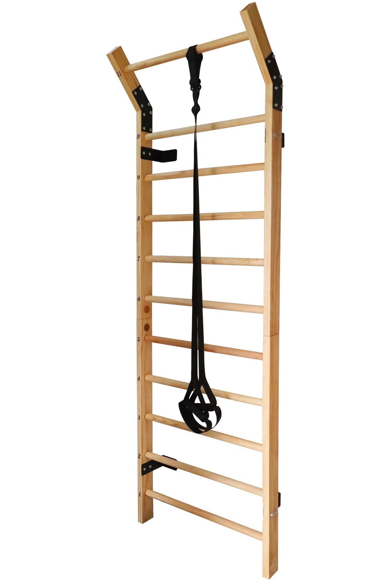 Swedish Ladder Wood Stall Bar Suspension Trainer – Physical Therapy & Gymnastics Ladder w/ 11 Strategic Rods and Training Strap. Solid Pine. Victory Martial Arts
