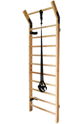 Swedish Ladder Wood Stall Bar Suspension Trainer – Physical Therapy & Gymnastics Ladder w/ 11 Strategic Rods and Training Strap. Solid Pine. Victory Martial Arts