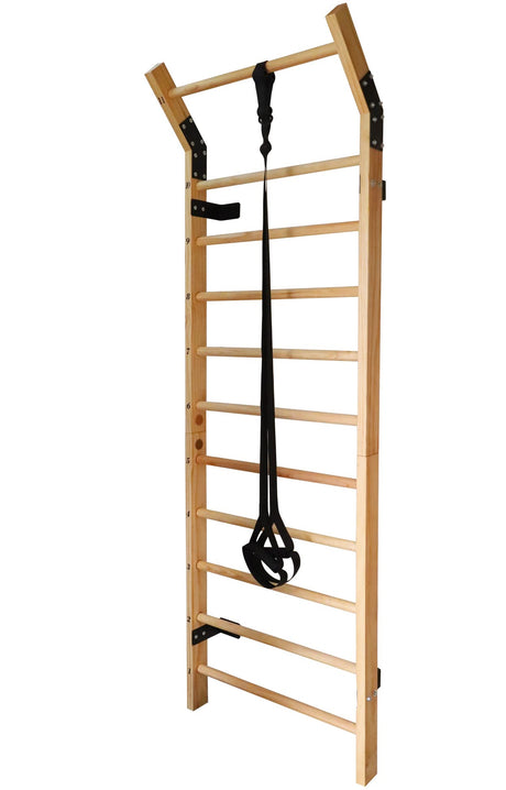 Swedish Ladder Wood Stall Bar Suspension Trainer – Physical Therapy & Gymnastics Ladder w/ 11 Strategic Rods and Training Strap. Solid Pine. Victory Martial Arts