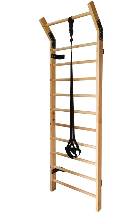 Swedish Ladder Wood Stall Bar Suspension Trainer – Physical Therapy & Gymnastics Ladder w/ 11 Strategic Rods and Training Strap. Solid Pine.