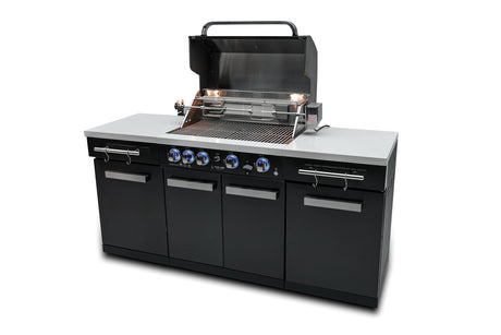 Mont Alpi MA-957 32-inch 5 Burner 63000 BTU Black Stainless Steel Compact Outdoor Kitchen Island Barbecue Grill with Grill Cover & Rotisserie Kit + Storage Cabinets and White Granite Countertops Mont Alpi
