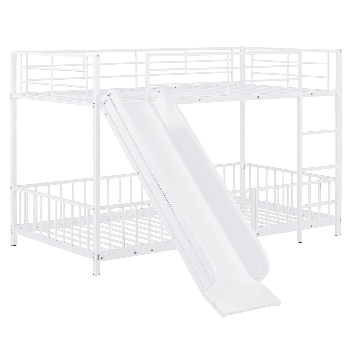 Bellemave Twin Over Twin Bunk Bed with Slide and Ladder, Metal Bunk Bed for Kids, Girls, Boys, Removable Fence, Low Bunk Bed with Slide, with Door, White Bellemave