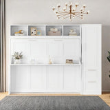 SOFTSEA Full Size Horizontal Murphy Bed, Full Murphy Bed with Desk & Storage Shelf, Wardrobe, Hideaway Wall Bed Frame with Closet and Drawers Space-Saving for Guest Room Bedroom or Office, White SOFTSEA