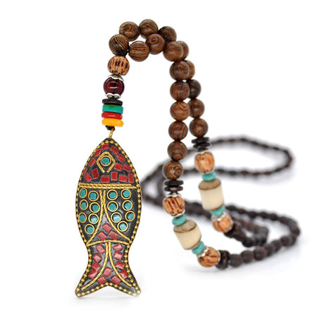 COLORFUL BLING Handmade Vintage Turquoise Wooden Beads Necklace Tibetan Carved Long Tassel Necklace for Women Wood Jewelry-fish COLORFUL BLING