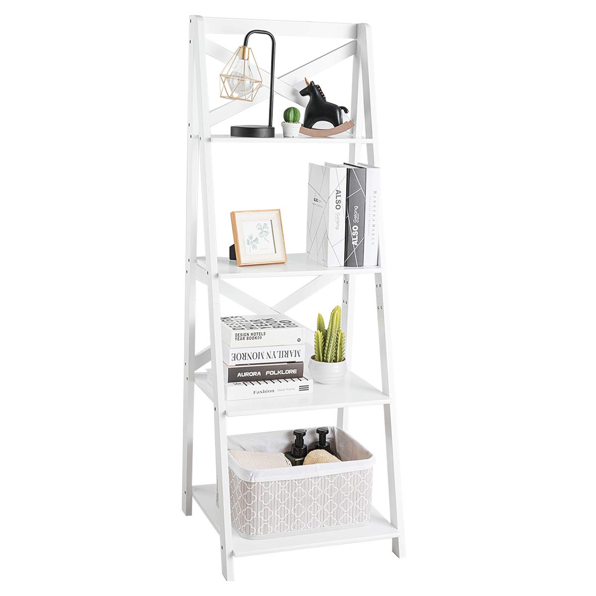 Tangkula 4-Tier Ladder Shelf Bookcase Leaning Free Standing Wooden Frame Decor Bookshelf Storage Flower Shelf Plant Display Shelf for Home Office (White, 2) Tangkula