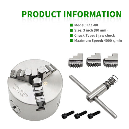 Yunnergo K11-80 Self Centering 3 Inch Lathe Chuck 4000 r/min 3 Jaw Comes with a Set Jaw