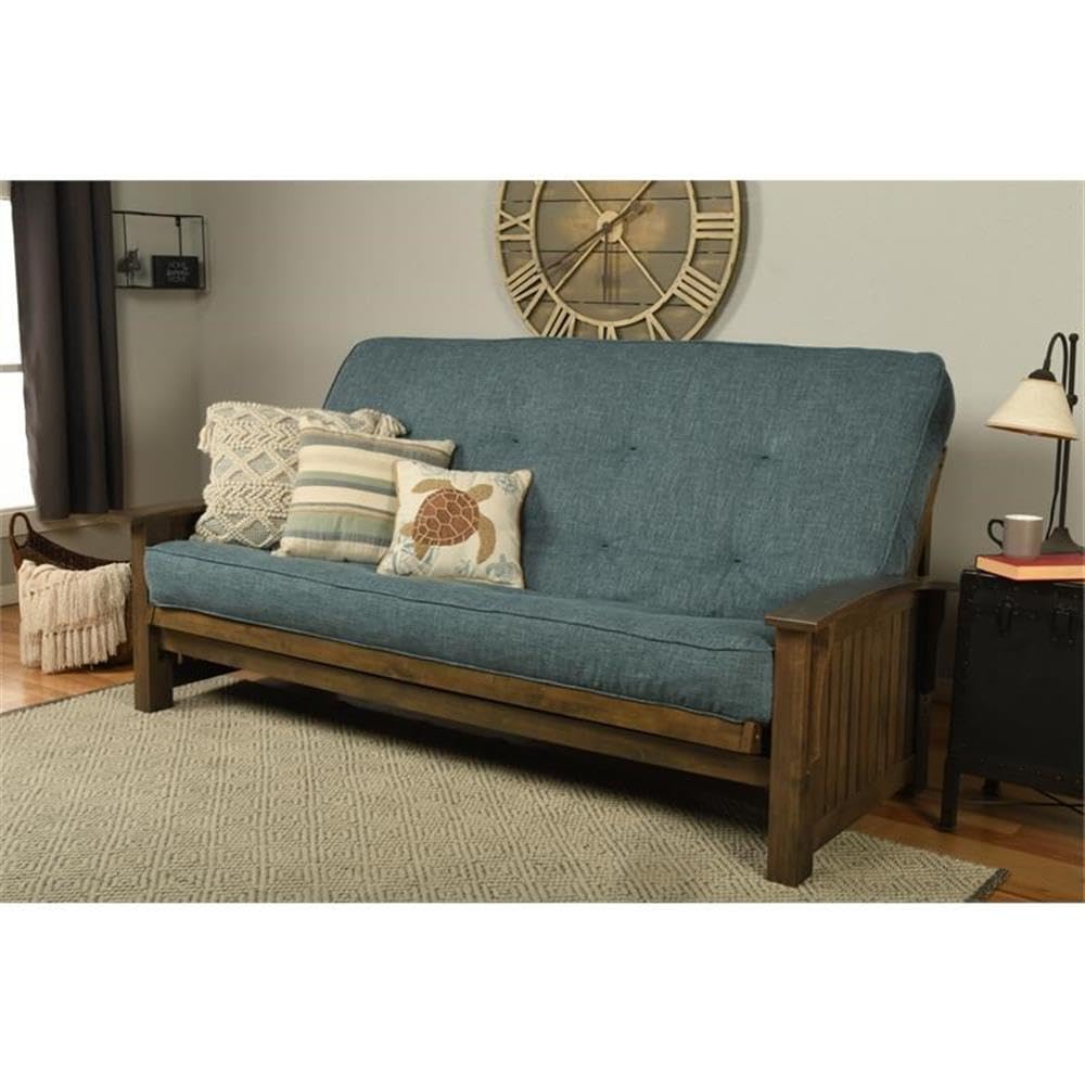 Kodiak Furniture Washington Queen Size Futon Frame and Mattress Set - Wood Futon Frame with Mattress Included in Linen Aqua Blue Color