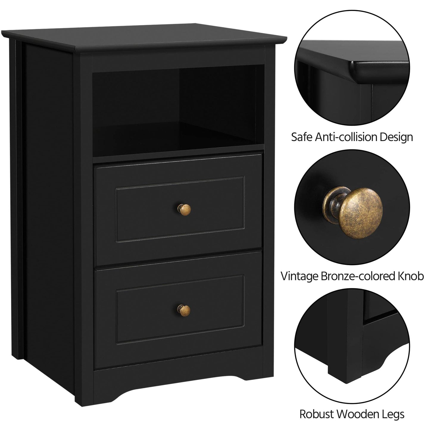 Yaheetech Tall Nightstand with 2 Drawer and 1 Cubby, 29" High Bedside Table Wooden Storage Cabinet Bed Side Table with Drawer for Bedroom Home Office, Black