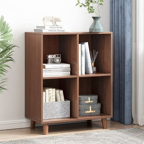 IOTXY Freestanding Open Cubes Bookcase - 2-Tier Floor Standing Wooden Storage Display Cabinet Organizer with Legs for Home Office, 4-Cubes Open Shelf Low Short Bookshelf, Walnut IOTXY