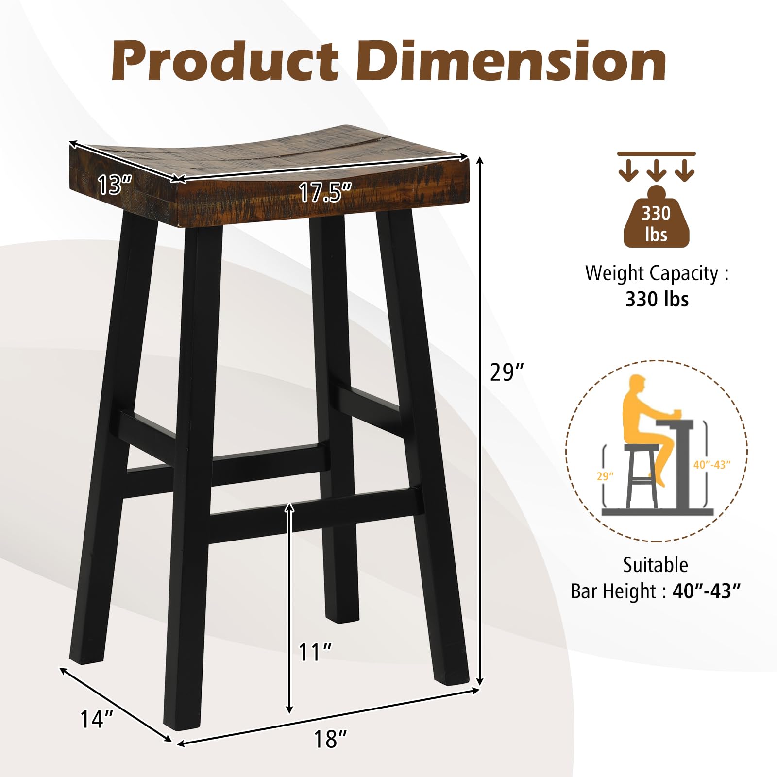 COSTWAY Wooden Saddle Stools Set of 2, 29-inch Bar Height Stools with Curved Seat Surface, Rubber Wood, Acacia Wood, Footrests, Kitchen Island Counter Stools for Restaurant Cafe Pub, Brown+Bl - WoodArtSupply