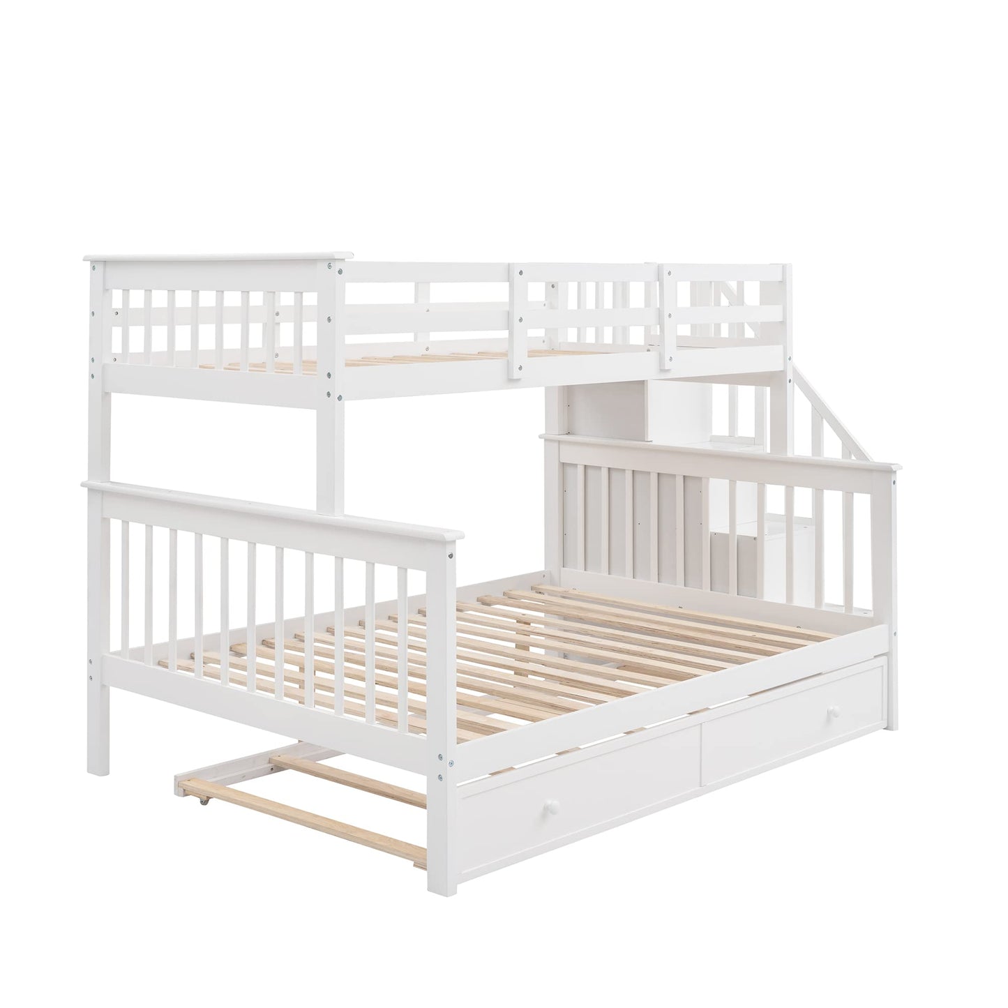 MERITLINE Twin Over Full Bunk Bed with Trundle, Wooden Bunk Bed with Stairway, Storage and Guard Rail for Kids, Adults (White)