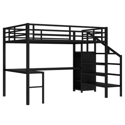 SOFTSEA Queen Size Loft Bed with Desk & Storage Stairs, Heavy Duty Metal Loft Bed with Storage Wardrobe and USB Ports for Adults, Queen Gaming Loft Bed with LED Lights for Kids Teens, Black